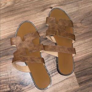 Brown Leather Slide Sandals